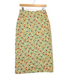Susan Bristol Casuals Yellow Floral Cotton Midi Skirt Vintage 6P High Waist Slit